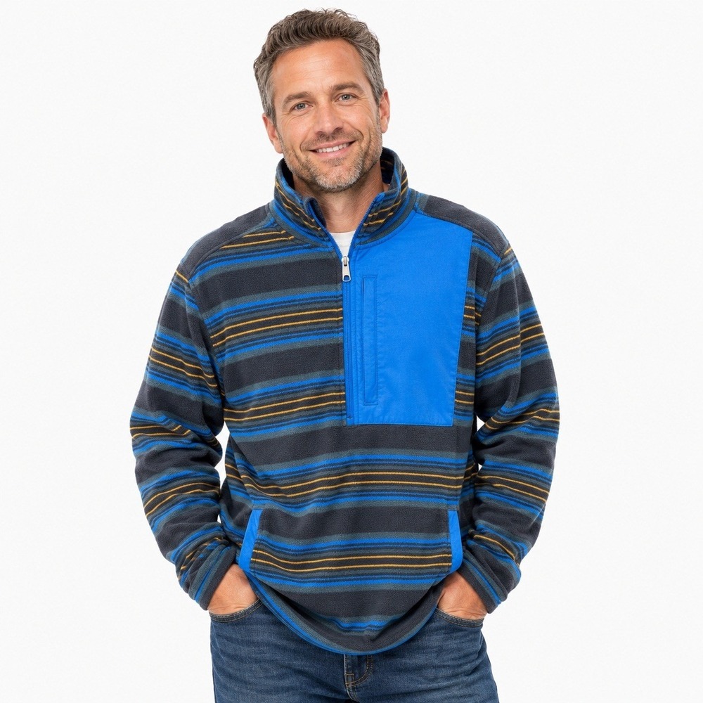 Duluth Trading Men Medium Checkpoint 1/4 Zip Striped Fleece Jacket Mock Neck